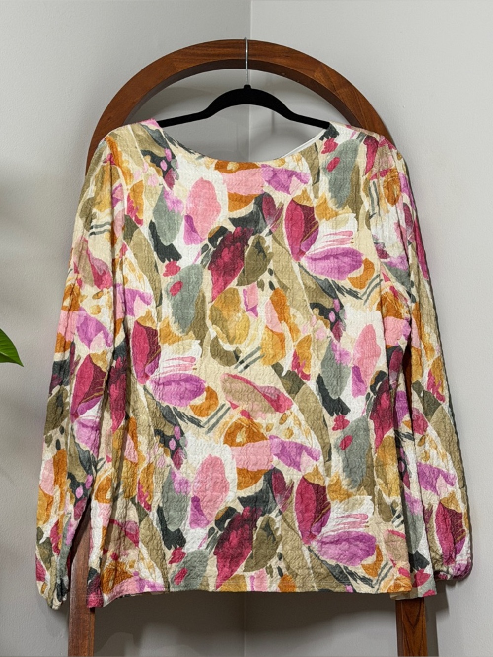 Chico’s XL Floral Jacquard Smocked Boatneck Long Sleeve Blouse Top